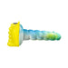 Side view of Banana Pants Honeybunch in sunshine yellow with textured blue and green silicone body and rounded nubs.