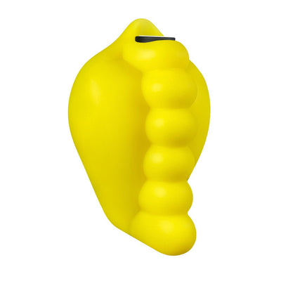 Bright yellow Honeybunch silicone grinder with contoured nubs and flat textured back for secure harness play.