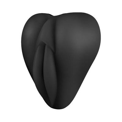 Black silicone Lippi cushion with plump lips and a slit, designed for base stimulation and compatible with bullet vibes.