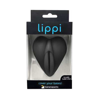 Black silicone Lippi base stimulation cushion in clear display box with blue branding and bullet vibe suggestion.