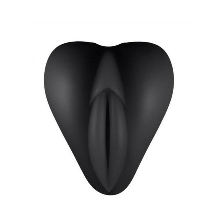 Black silicone Lippi cushion with plump lips and a slit, designed for stimulation and use with strap-on bases.