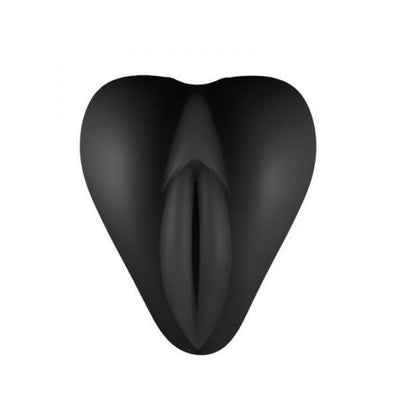 Black silicone Lippi cushion with plump lips and a slit, designed for stimulation and use with strap-on bases.