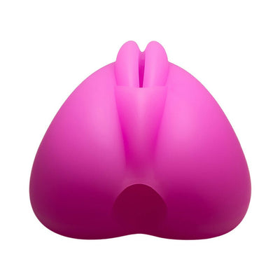 Hot pink silicone Lippi cushion with plump lips and slit, designed for stimulation and support with strap-on bases.