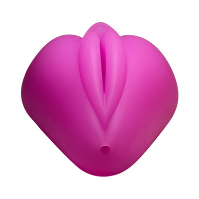 Hot pink silicone Lippi cushion with plump lips and a slit, designed for base stimulation and compatible with bullet vibes.