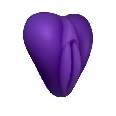 Purple silicone Lippi cushion with plump lips and a slit, designed for stimulation and support with strap-on bases.