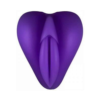Purple silicone Lippi cushion with plump lips and a slit, designed for stimulation and as a base for strap-on dildos.