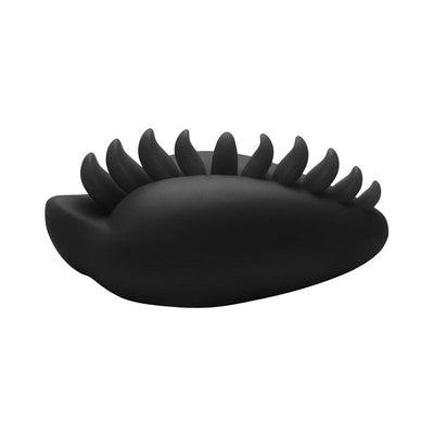 Black silicone dildo base cover with flexible, curved tips designed for enhanced stimulation and versatility.