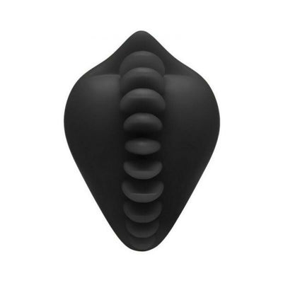 Black silicone dildo base cover with textured ridges down the center, designed for enhanced stimulation.