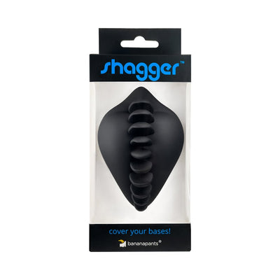 Black Shagger silicone dildo base cover in clear retail packaging with blue logo and branding.