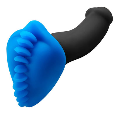 Blue silicone Shagger base cover with textured ridges, shown fitted on a black dildo shaft.