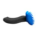 Blue silicone Shagger base cover with textured tips on a black dildo, designed for enhanced stimulation and secure fit.