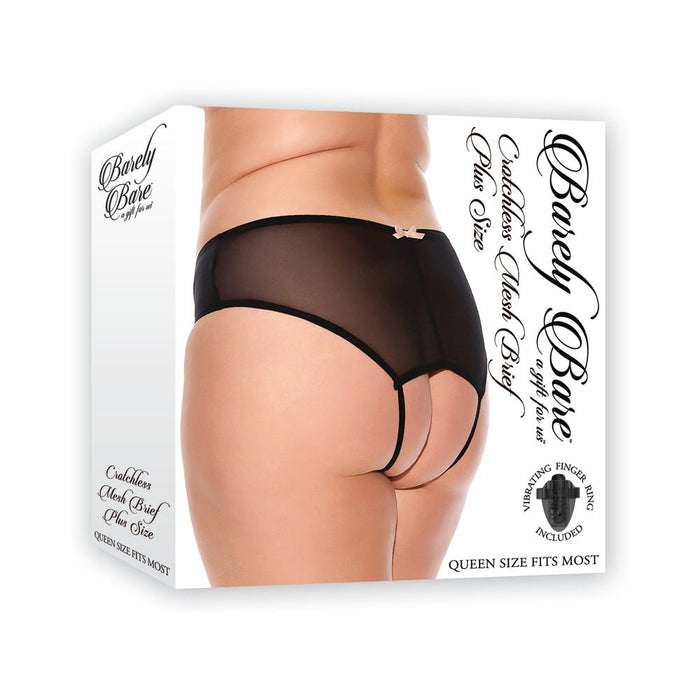 Barely Bare Crotchless Mesh Brief With Vibrating Finger Ring Black Queen Size - SexToy.com
