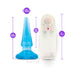 Blue tapered anal pleaser with base and white wired remote control, dimensions labeled in inches.