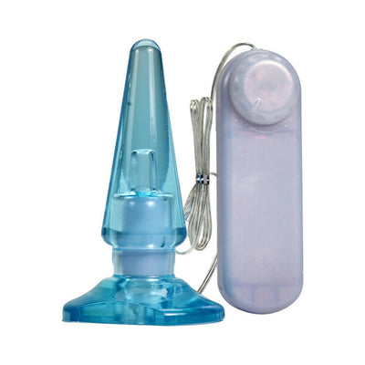 Blue translucent tapered anal plug with wired remote control and adjustable dial on white background.
