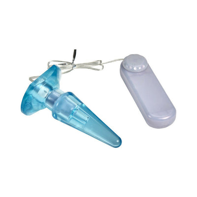 Blue tapered anal pleaser with wired multi-speed remote control on white background.