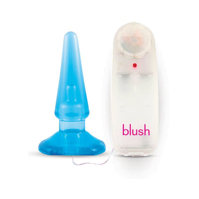 Blue tapered anal pleaser with a white handheld multi-speed remote control labeled blush.