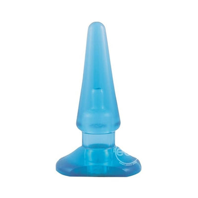 Blue tapered anal pleaser with a wide base and smooth, translucent finish.
