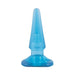 Blue tapered anal pleaser with a wide base and smooth, translucent finish.
