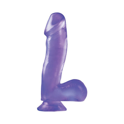 Purple translucent dildo with suction cup base and curved design for versatile use.