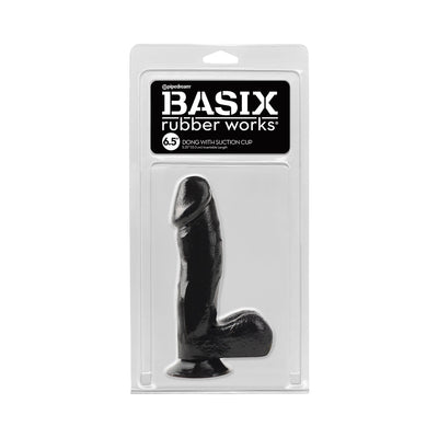 Basix Rubber Works 6.5 inch black dildo with suction cup in clear retail packaging.