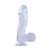 Clear flexible dildo with suction cup base, 6.5 inches in length, designed for hands-free use.