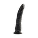 Black realistic textured silicone dong with suction cup base standing upright on white background