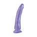 Purple translucent slim dong with suction cup base, textured surface, and realistic shape.