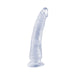 Clear textured silicone dong with suction cup base, 7 inches long, slightly curved design for versatile use.