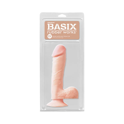 Basix Rubber Works 7.5-inch beige realistic dildo with suction cup in clear retail packaging.