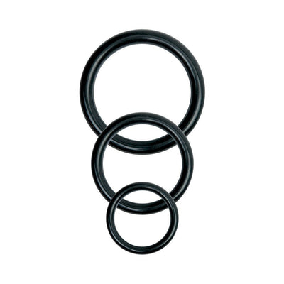 Three black silicone rings in small, medium, and large sizes for a universal harness accessory.
