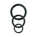 Three black silicone rings in small, medium, and large sizes for a universal harness accessory.