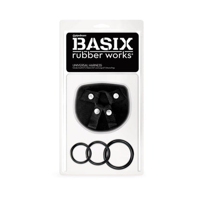 Basix Rubber Works Universal Harness with three interchangeable silicone rings in small, medium, and large sizes in retail packaging.