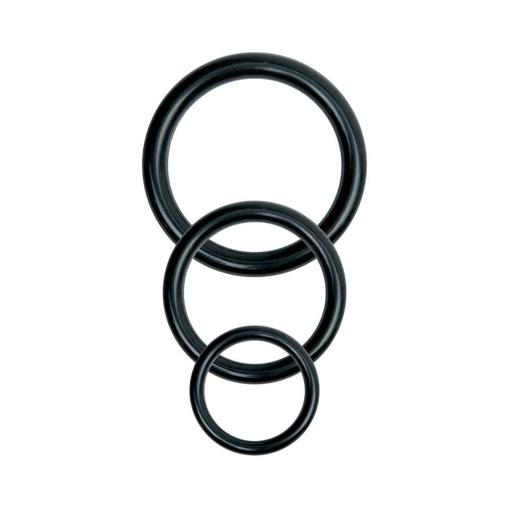 Three black silicone rings in small, medium, and large sizes for Basix Universal Harness attachments.