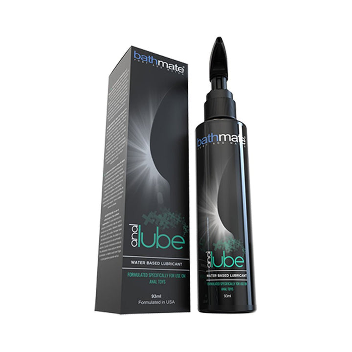 Bathmate Anal Lube water-based lubricant in a black 3.15oz pump bottle with matching product box.