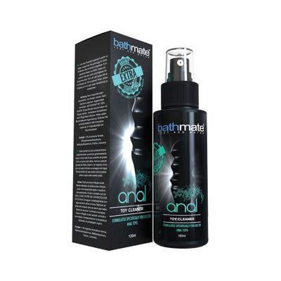 Bathmate Anal Toy Cleaner spray bottle and packaging with black and teal design, 100ml antibacterial formula for anal toys.