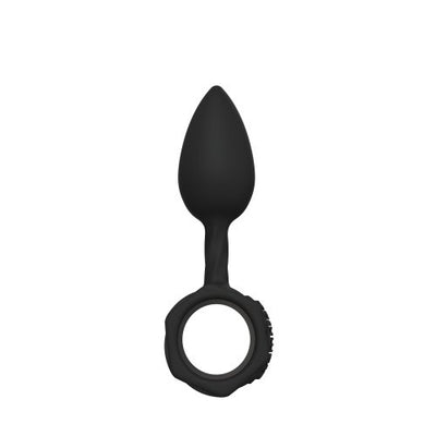 Black silicone anal training plug with tapered tip and finger ring base for easy handling and comfort.