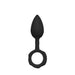 Black silicone anal training plug with tapered tip and finger ring base for easy handling and comfort.