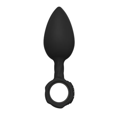 Black silicone anal training plug with tapered tip and finger ring base for easy handling and comfortable wear.