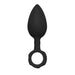 Black silicone anal training plug with tapered tip and finger ring base for easy handling and comfortable wear.