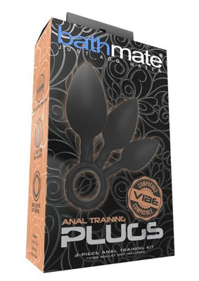 Packaging of Bathmate black silicone anal training plugs kit with three sizes and finger ring base, compatible with VIBE vibrator.