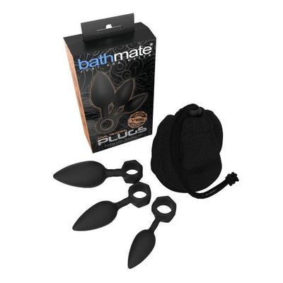 Set of three black silicone anal training plugs with finger ring bases, storage pouch, and Bathmate branded packaging.