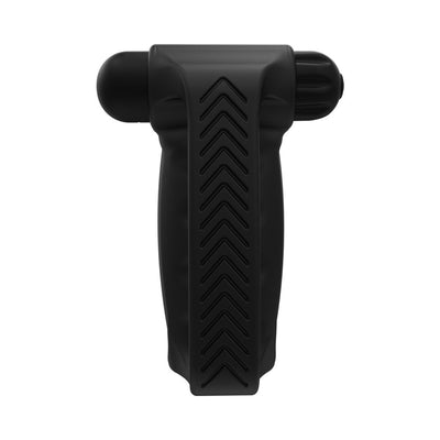 Black ergonomic silicone vibrating sleeve with textured grip and adjustable control dial.