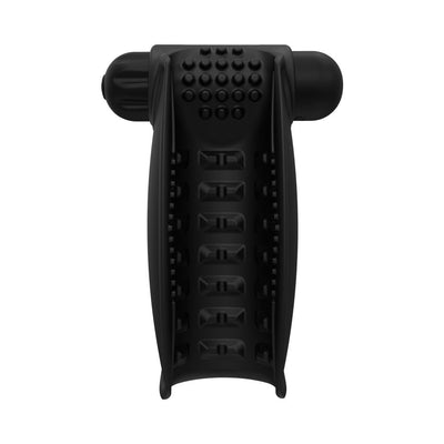 Black ergonomic silicone vibrating sleeve with textured interior and attached bullet vibrator.