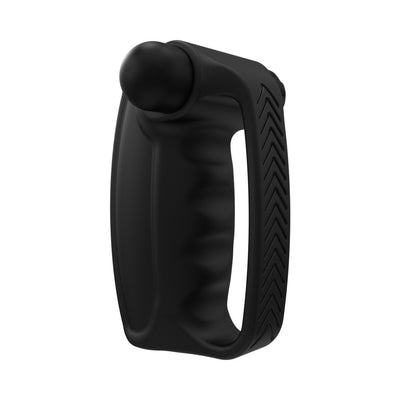 Black ergonomic silicone vibrating hand sleeve with textured grip and rounded tip for personal stimulation.