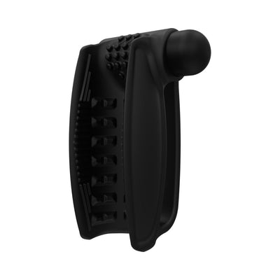 Black ergonomic silicone hand-held vibrator with textured grip and rounded tip for targeted stimulation.