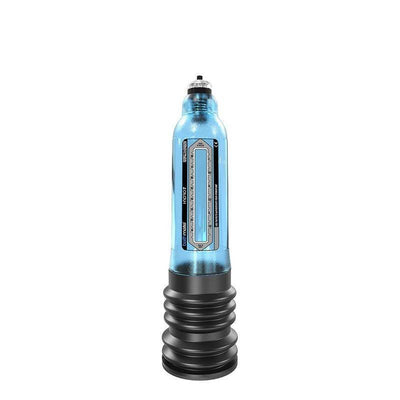 Clear blue Bathmate Hydro 7 hydropump with black accordion-style base and measurement scale on the side.