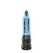 Clear blue Bathmate Hydro 7 hydropump with black accordion-style base and measurement scale on the side.