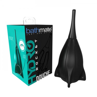 Bathmate Hydro Rocket Douche with ergonomic black bulb and detachable nozzle next to its teal and black packaging box.