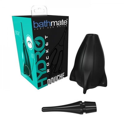 Bathmate Hydro Rocket Douche with black ergonomic bulb and detachable nozzle next to its teal and black packaging box.