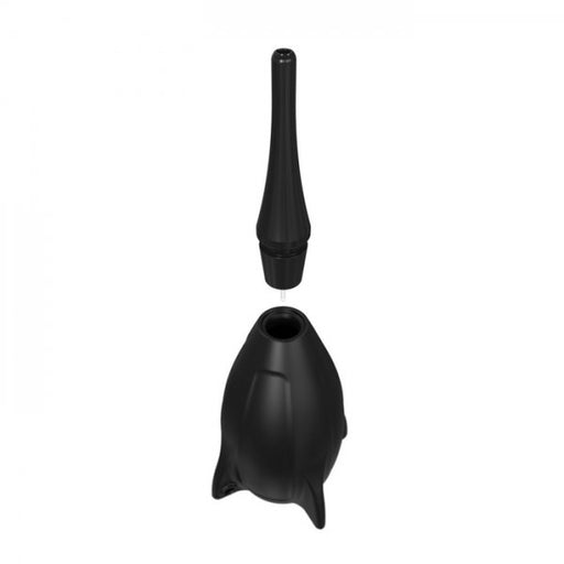 Black Bathmate Hydro Rocket douche with detachable nozzle shown separated for cleaning.